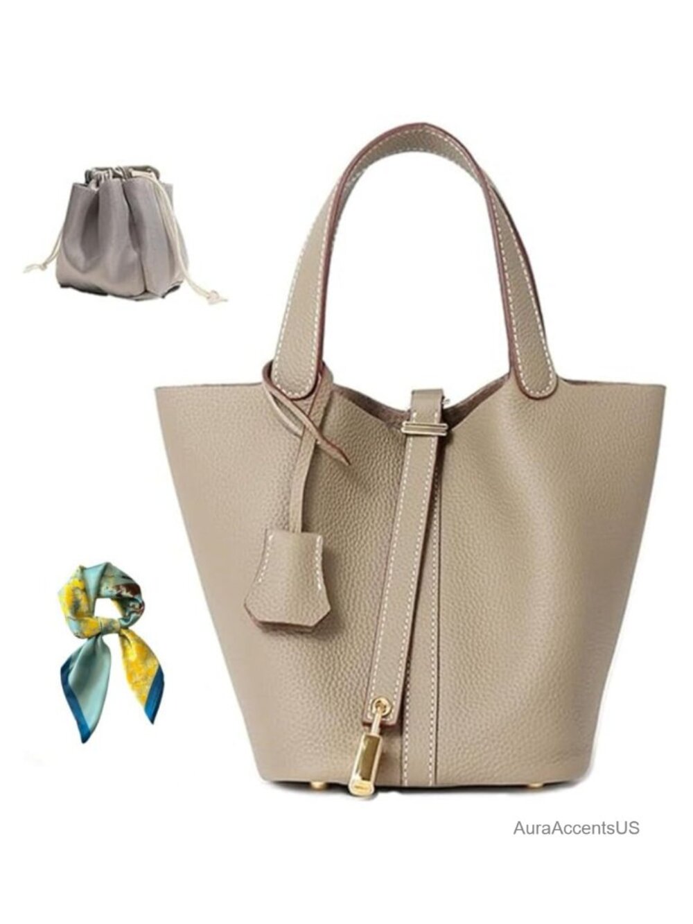Genuine Leather Bucket Bag Women Lock Design Shoulder Handbag Top-Handle Tote